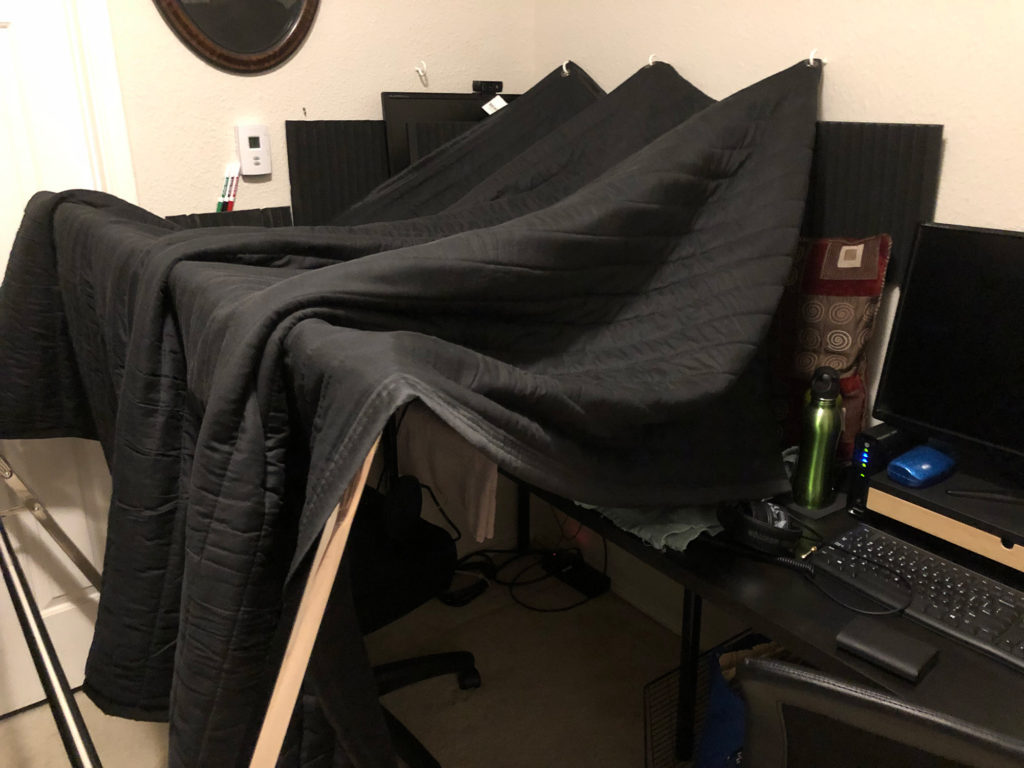 A recording "tent" is made with acoustic blankets.