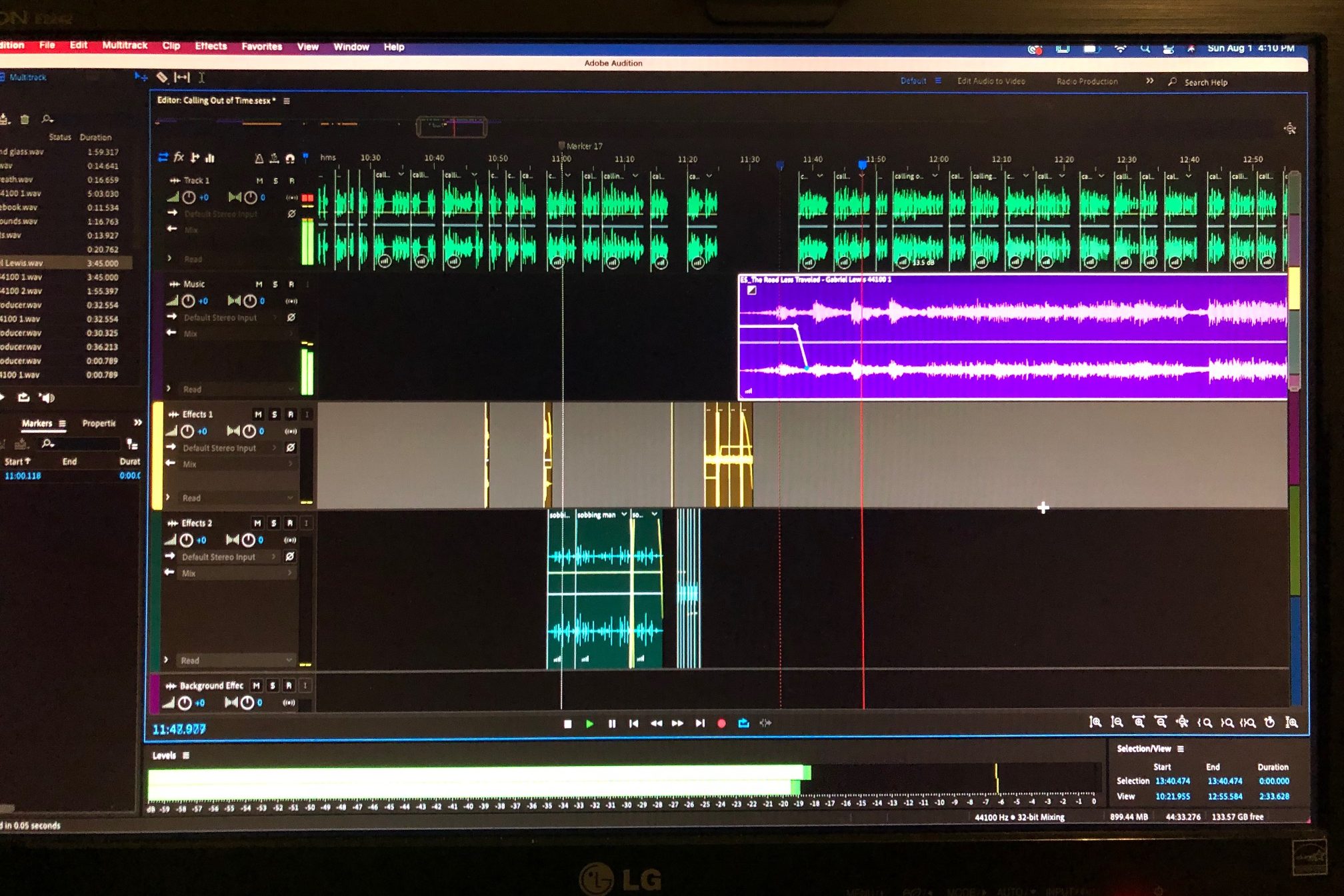 Multitrack view in Adobe Audition. Four tracks displayed.

Top (green waveforms) = Narration
2nd (violet waveform) = Music
3rd (yellow waveforms) = Sound effects
4th (Aqua waveforms) = Additional sound effects
