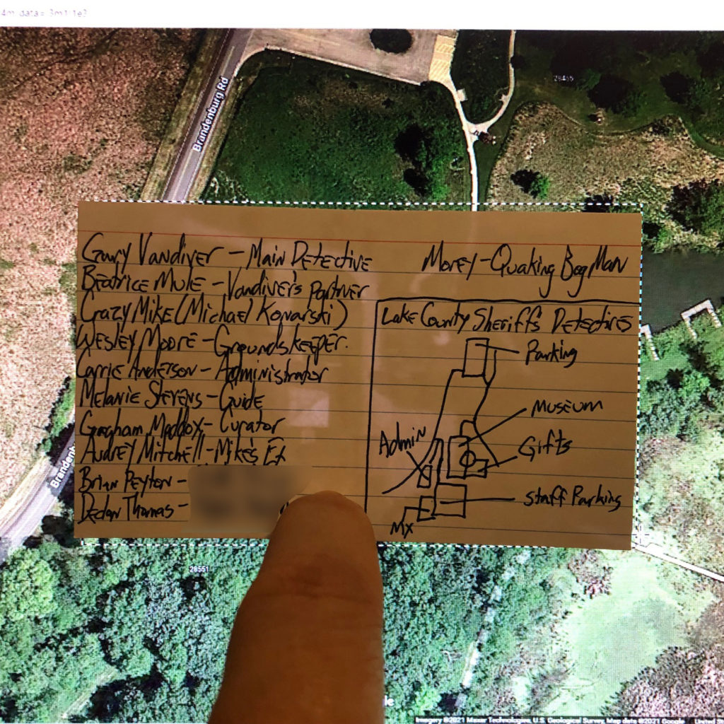 A notecard with character names and a rough map drawn on it. The notecard is held over a Google Maps satellite view.