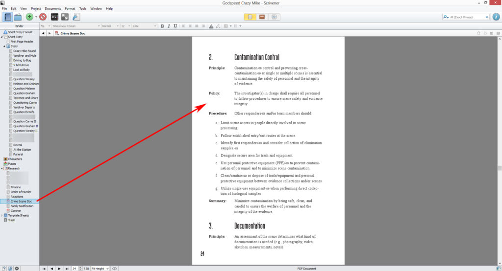 View of Scrivener with a PDF about contamination control of crime scenes opened from the Research tab on the left side of the screen. A red arrow (to illustrate the point) shows which file is opened.