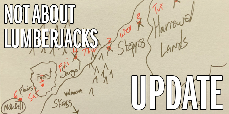 A hand drawn map in black pen with red points and day markers. In the upper right, and section labeled "Harrowed Lands." To its left, "Steppes." A river cuts through mountains where a town called Sangol lies to its north...and Valmorne to the south. "Skags" is written below that, with an arrow pointing south. There's a forest and plains to the west of Sangol, where "Mûn Dell" is written and circled.